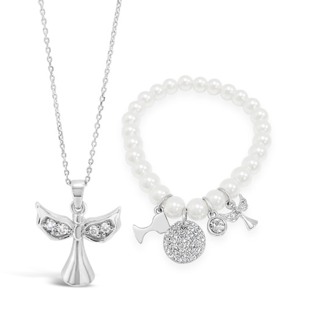 Children's Angela Pendant & Pearl Bracelet Sterling Silver Set